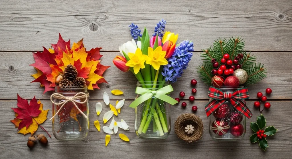 Various Mason jars decorated for different seasons with flowers and natural elements