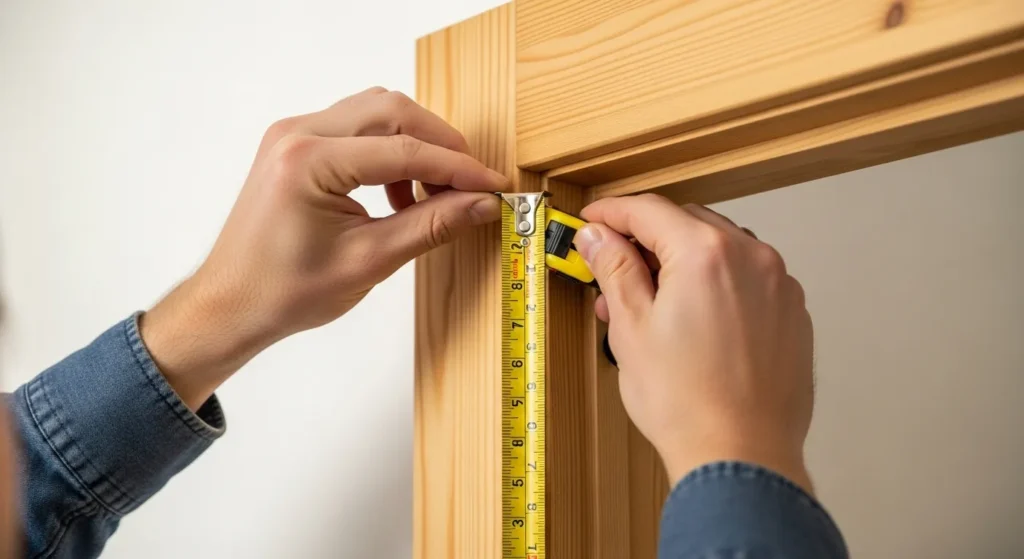 Person using tape measure on door frame for weather stripping.