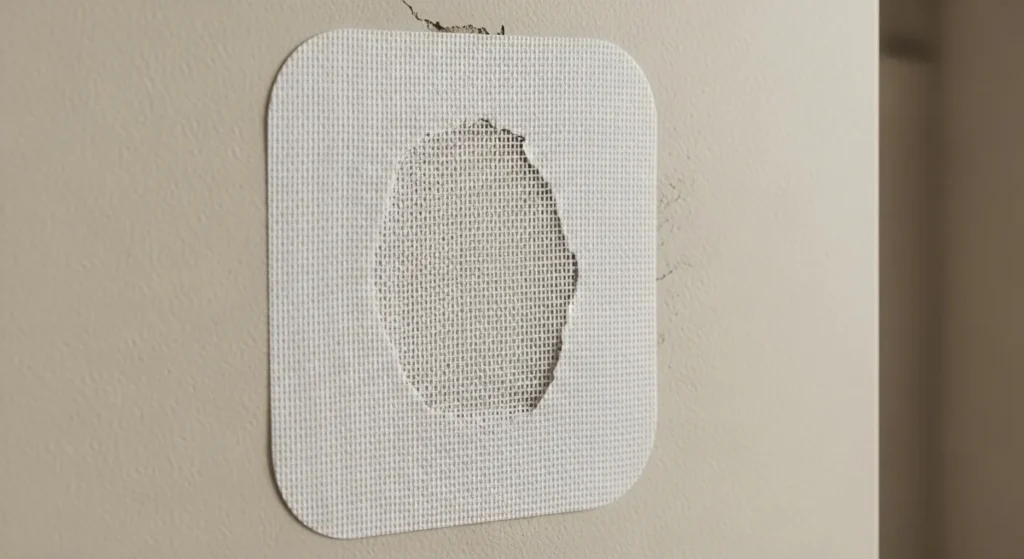 Applying mesh tape to cover a medium-sized hole in wall.