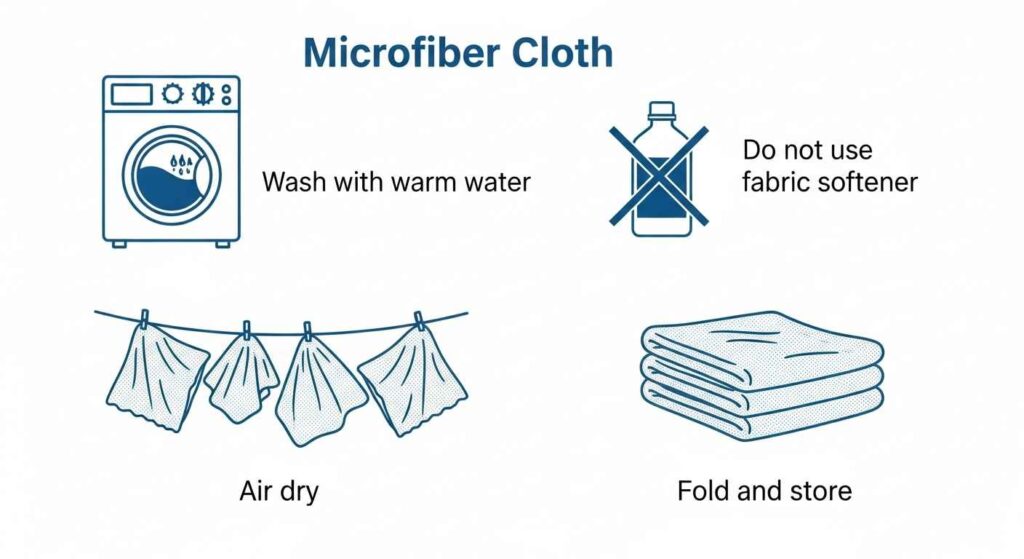 Infographic showing proper microfiber cloth care steps including washing and drying