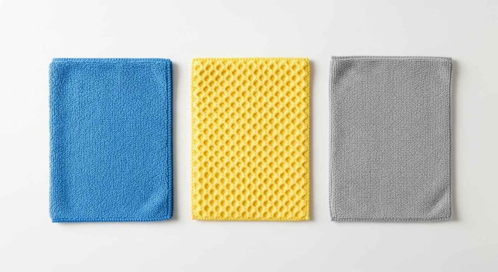 Three different microfiber cloth textures side by side showing terry weave, waffle weave, and smooth weave