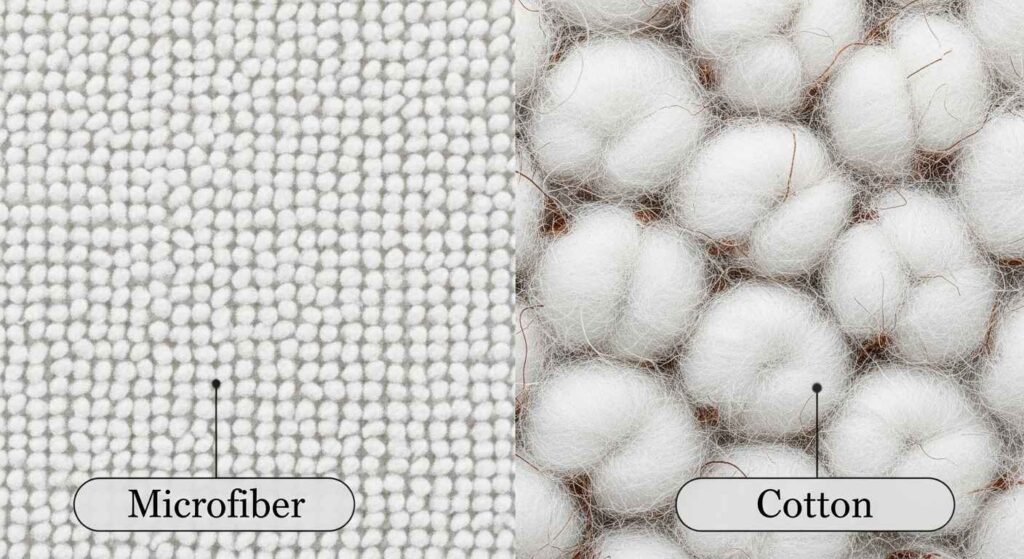Close-up comparison showing microfiber cloth fibers next to cotton cloth fibers