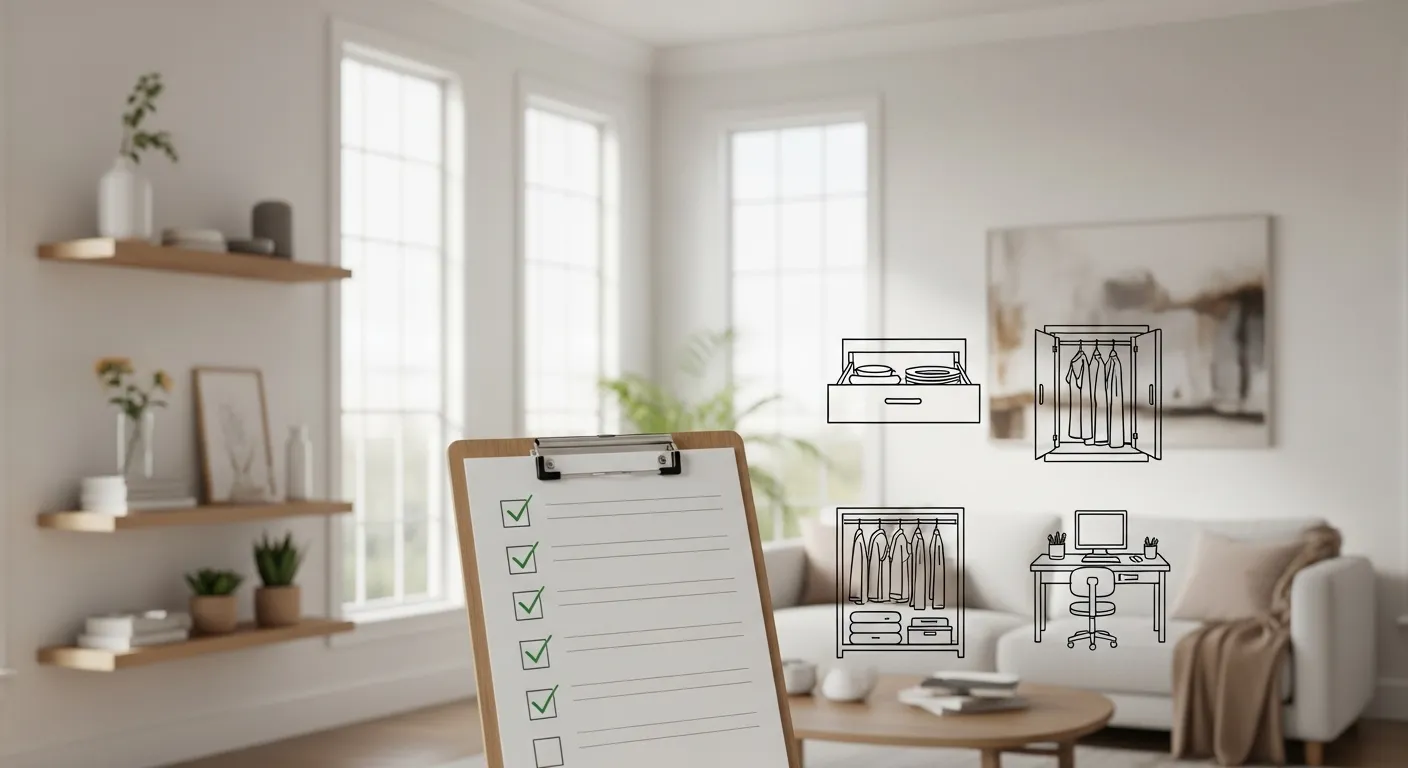 Eye-catching thumbnail of tidy home spaces and declutter checklist.