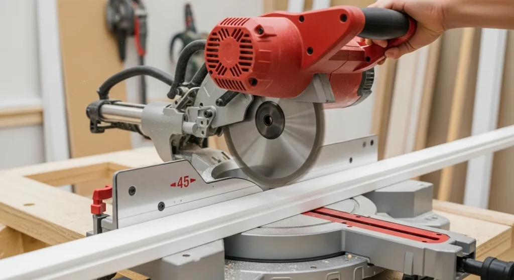 Miter saw cutting wood at 45-degree angle.