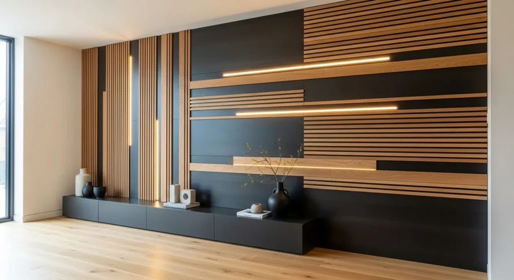 Modern accent wall featuring wood slats with integrated LED lighting
