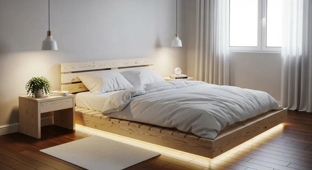 Modern bedroom featuring a low-profile pallet wood bed frame with clean white bedding