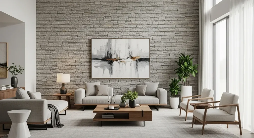 Living room with modern stacked stone accent wall behind sofa