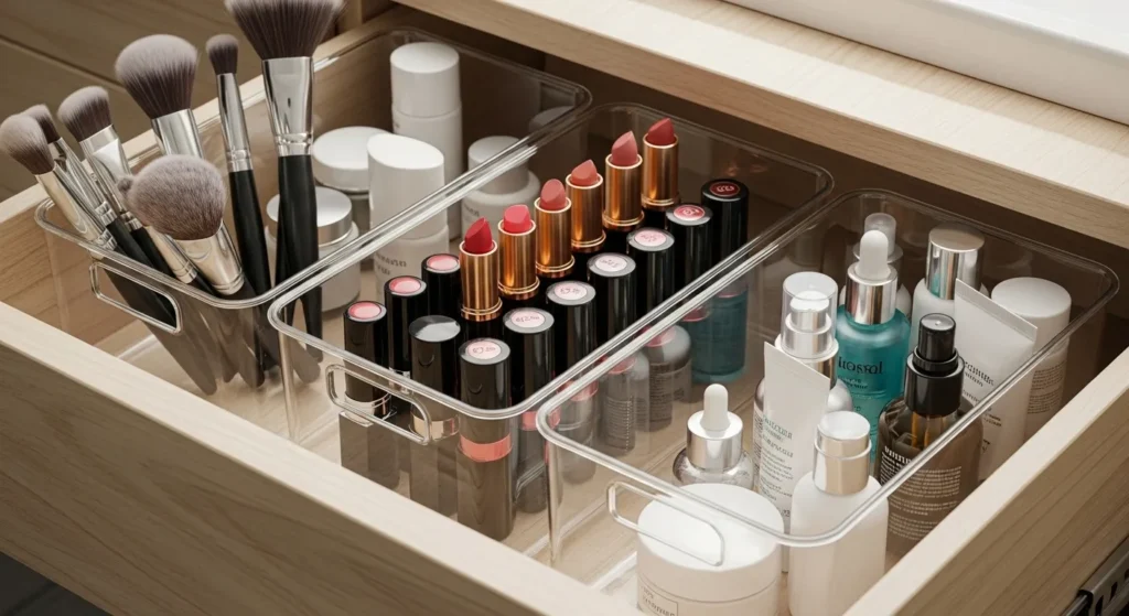 Clear plastic modular bins with makeup in a bathroom drawer.