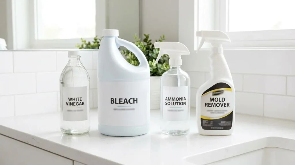 Four mold cleaning solutions lined up: white vinegar, bleach, ammonia, and commercial fungicide