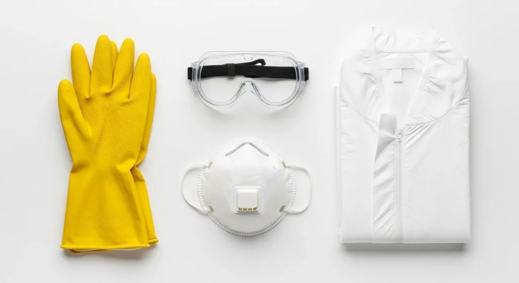 Safety equipment laid out for mold removal including N95 mask, rubber gloves, and protective eyewear