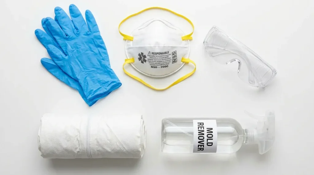 Mold safety gear flat lay including N95 mask, nitrile gloves, goggles, and cleaning spray