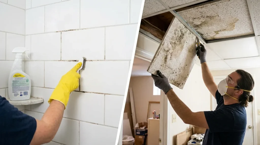 Split image showing mold removal from shower tile grout and moldy ceiling tile replacement