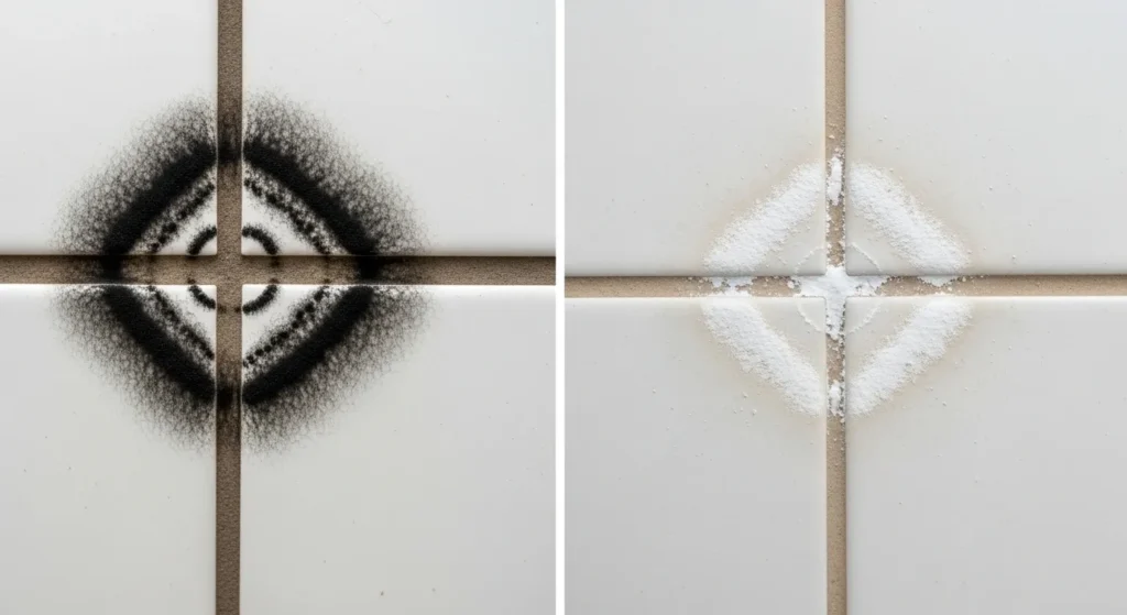 Side-by-side comparison of black mold and white mildew on bathroom surfaces