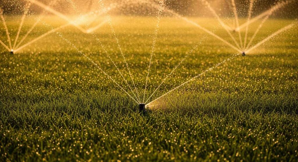 Lawn sprinkler watering grass in early morning sunlight