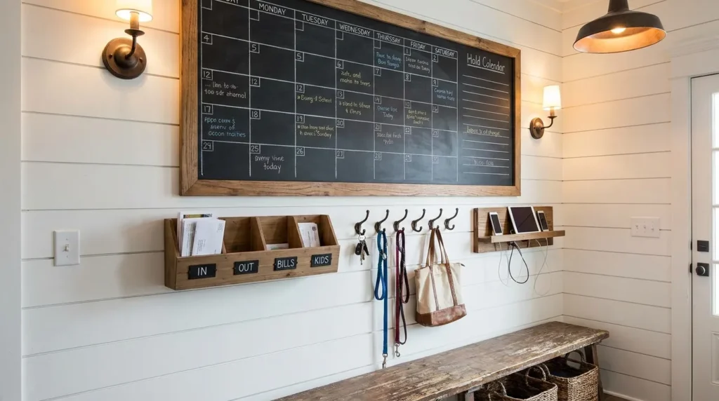 Mudroom command center with chalkboard calendar, mail sorter, key hooks, and device charging shelf on white shiplap wall.