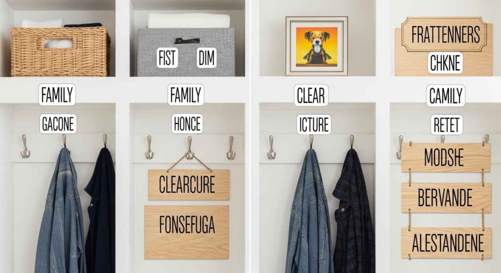 Mudroom labeling system with family name signs