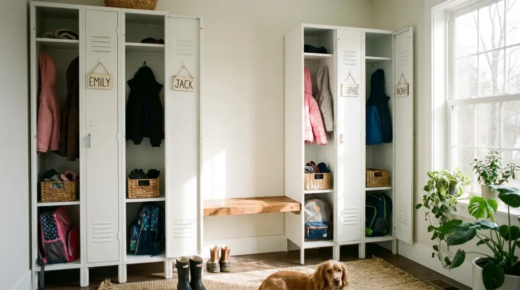 Four white mudroom lockers each assigned to a different family member with hooks, baskets, and backpack space inside.