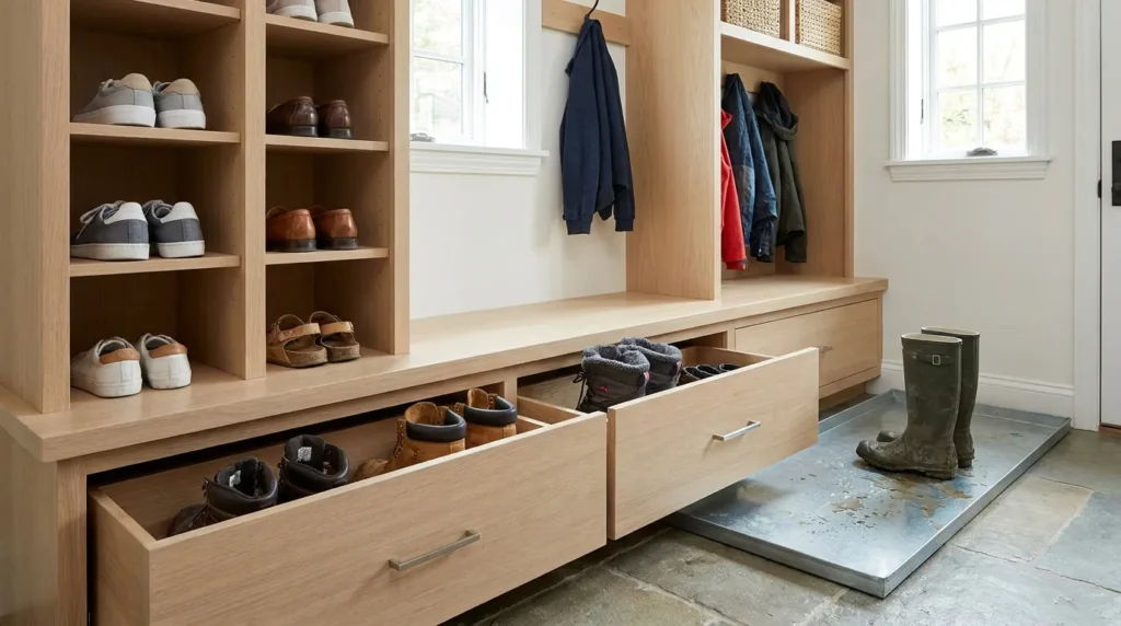 Mudroom shoe storage with open cubbies, under-bench boot drawers, and a floor-level boot tray.
