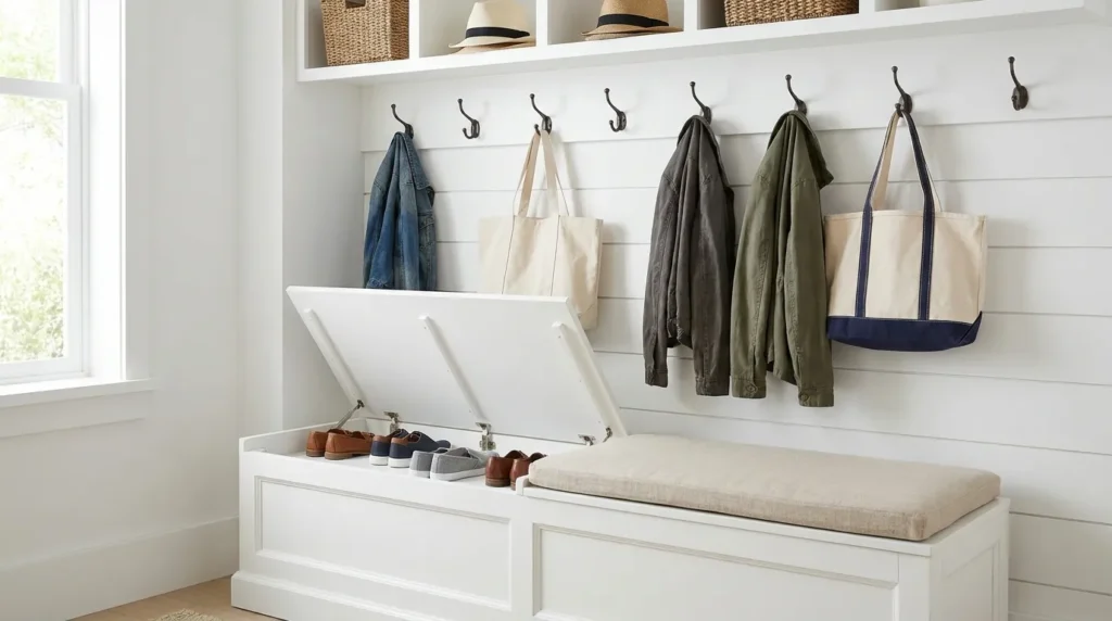 White wooden mudroom bench with open lift-top lid revealing storage inside.