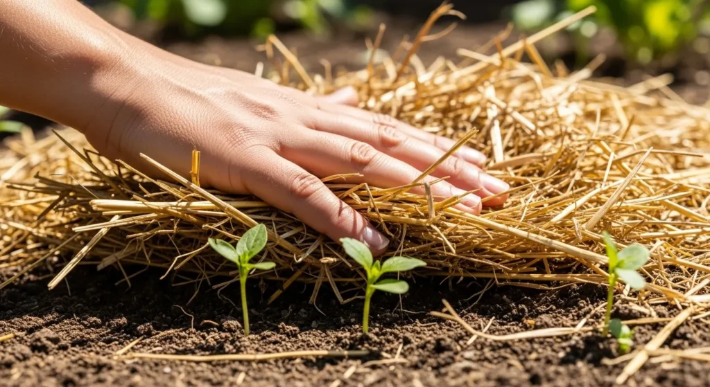 Close-up of straw mulch spread on soil to suppress weeds