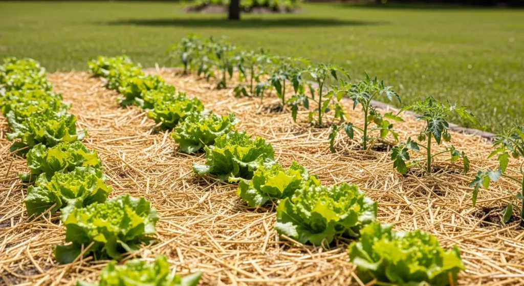 Garden bed with organic straw mulch suppressing weeds