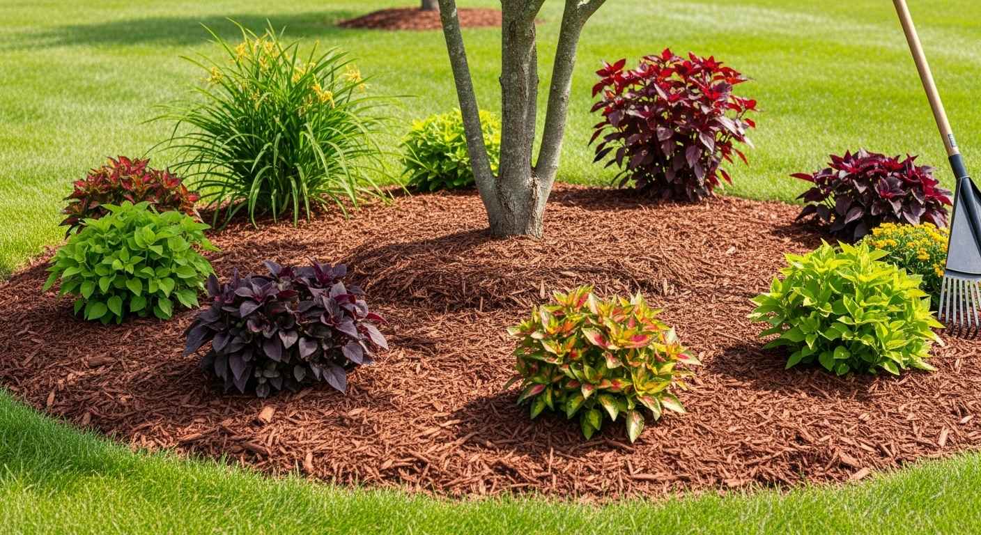 Garden bed with wood chip mulch around plants and a tree.