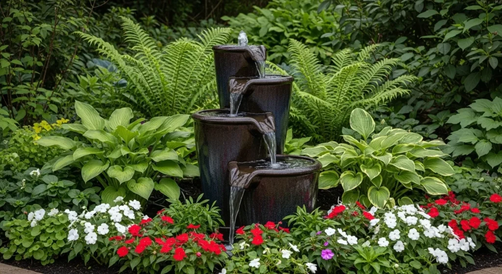 DIY multi-level fountain with decorative containers and flowing water