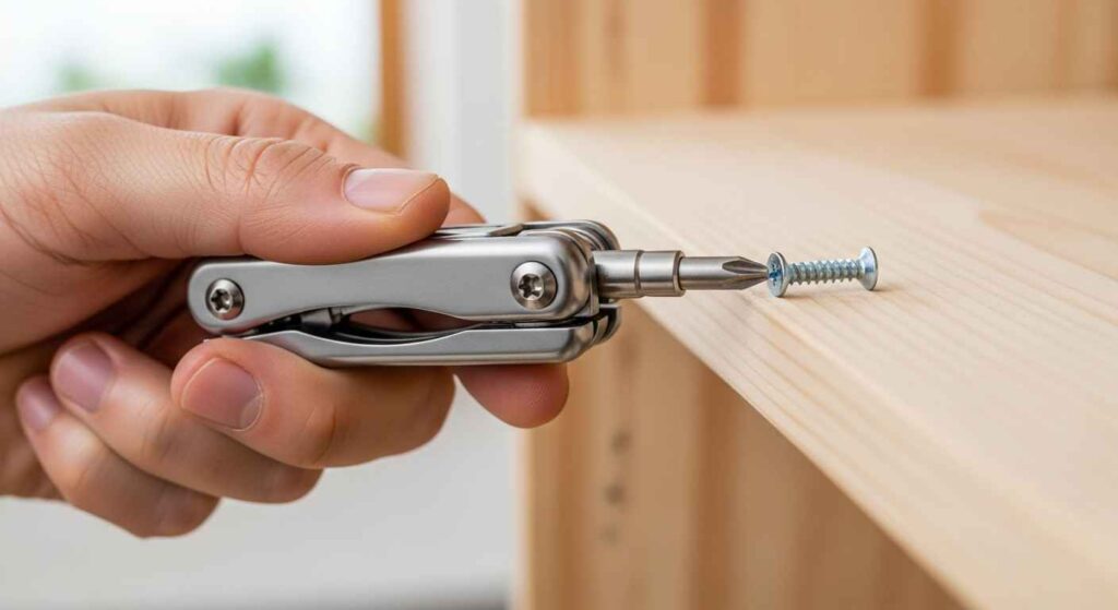 Person tightening a screw with a multi-tool on a wooden shelf.