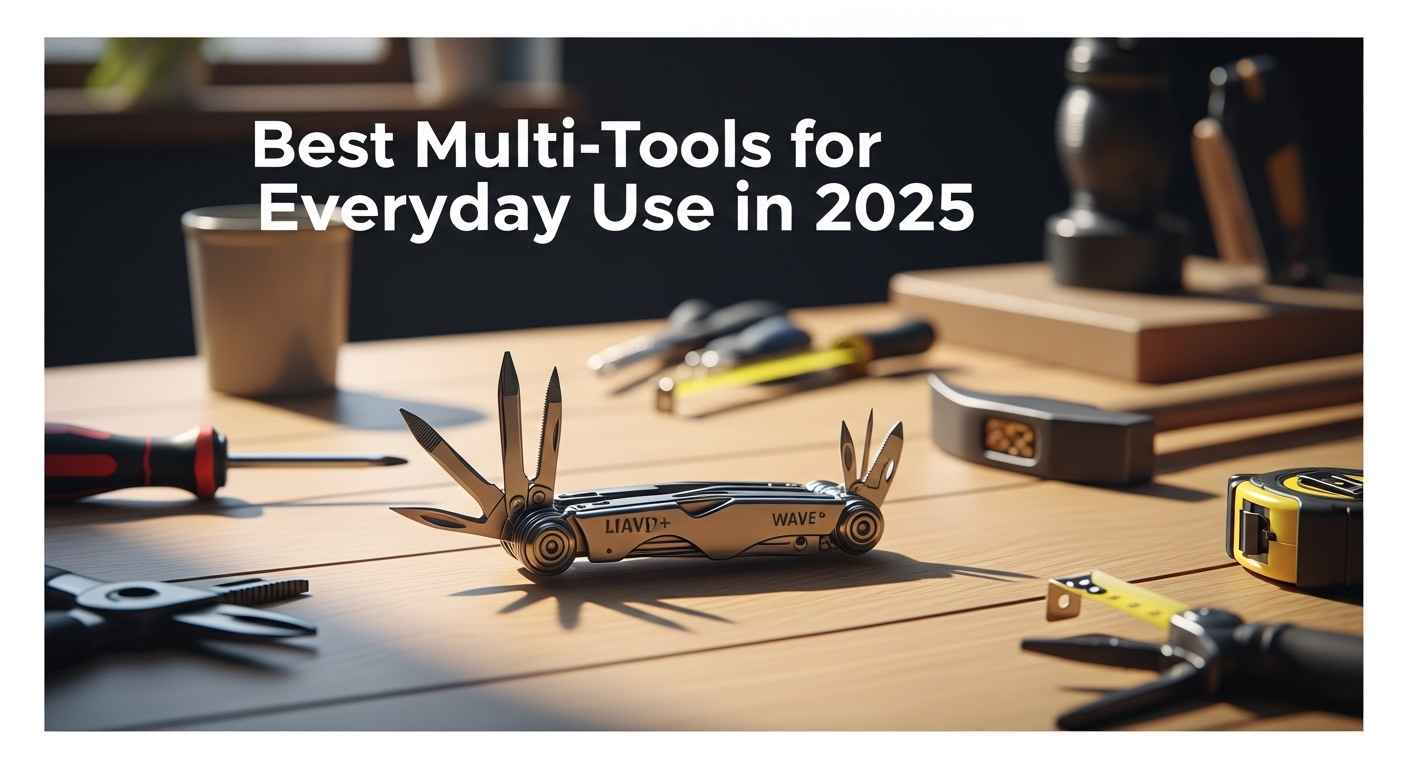 Compact multi-tool on a wooden workbench with tools in the background.
