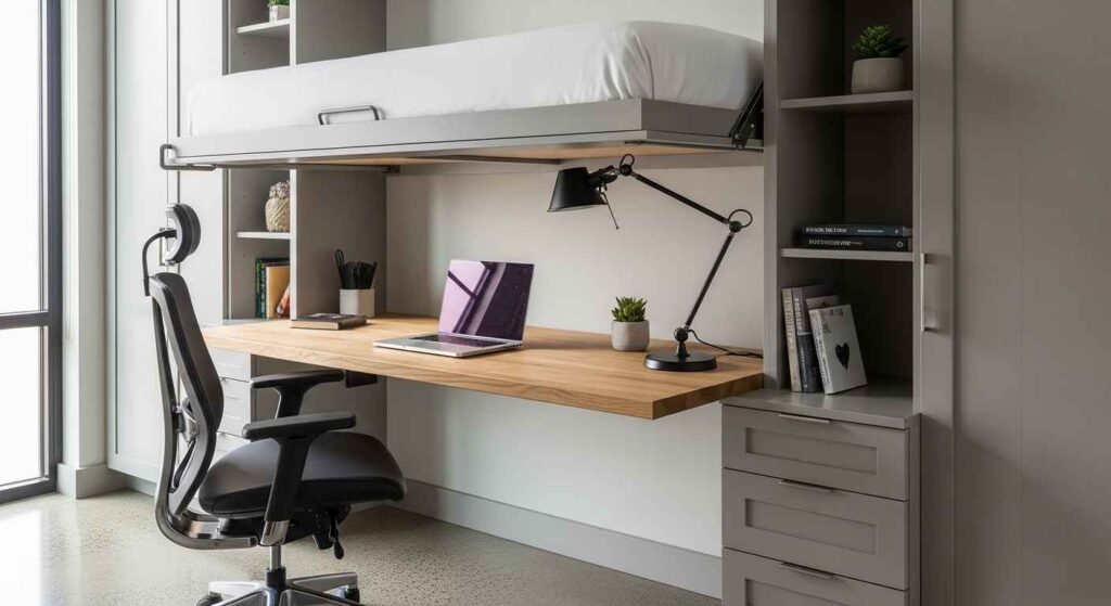 Murphy bed creating extra floor space in studio apartment