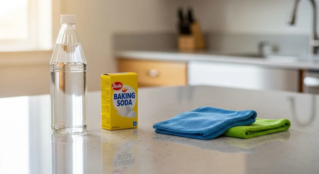 Bottles of vinegar and baking soda on kitchen counter.