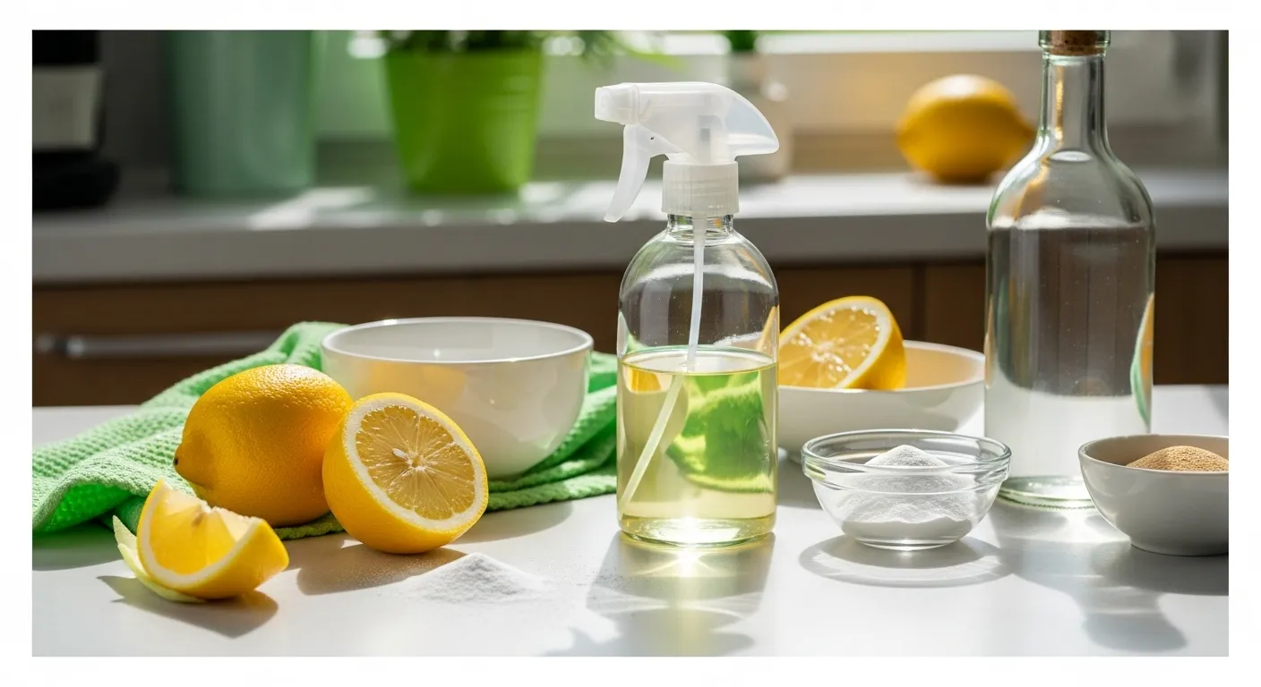 Vibrant display of lemons, vinegar, and baking soda for natural cleaning.