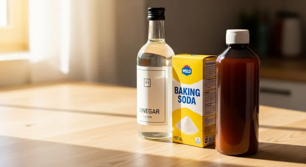 Natural mold removal ingredients - white vinegar bottle, baking soda box, and hydrogen peroxide bottle