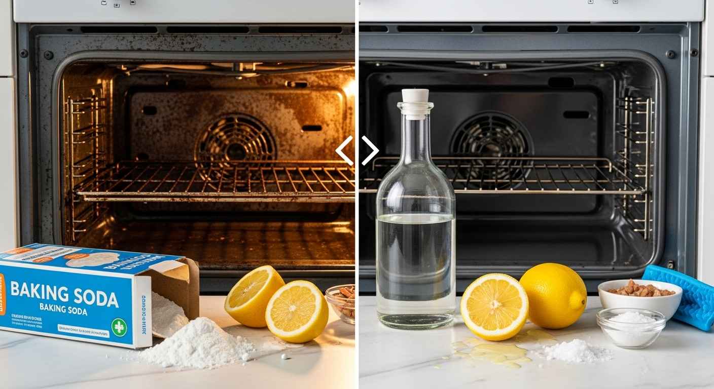 Before and after oven cleaning comparison with natural ingredients like baking soda, vinegar and lemons
