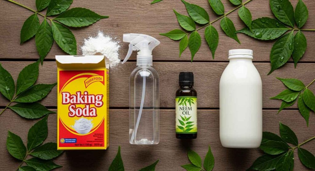 Natural plant disease treatment ingredients including baking soda, neem oil and spray bottle
