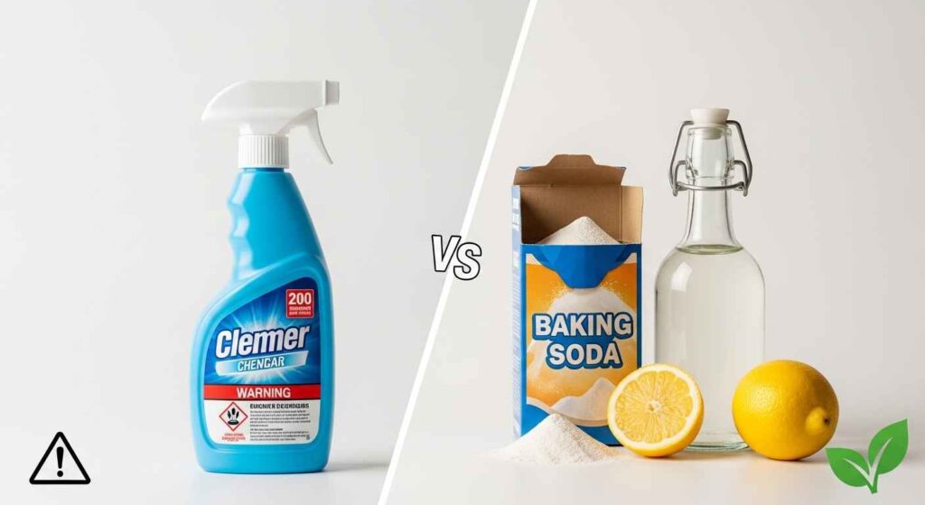 Comparison of toxic chemical oven cleaner next to natural cleaning ingredients like baking soda and vinegar