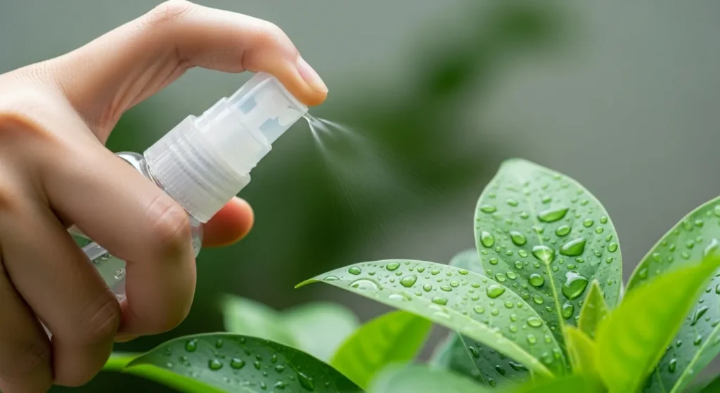 Hand spraying neem solution on leaves.