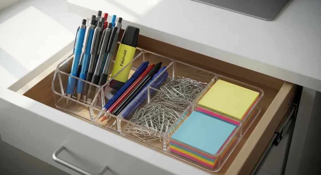 Plastic organizer with pens and clips in an office desk drawer.