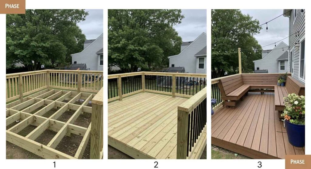 Aerial view of 12×16 foot deck with furniture showing efficient use of space