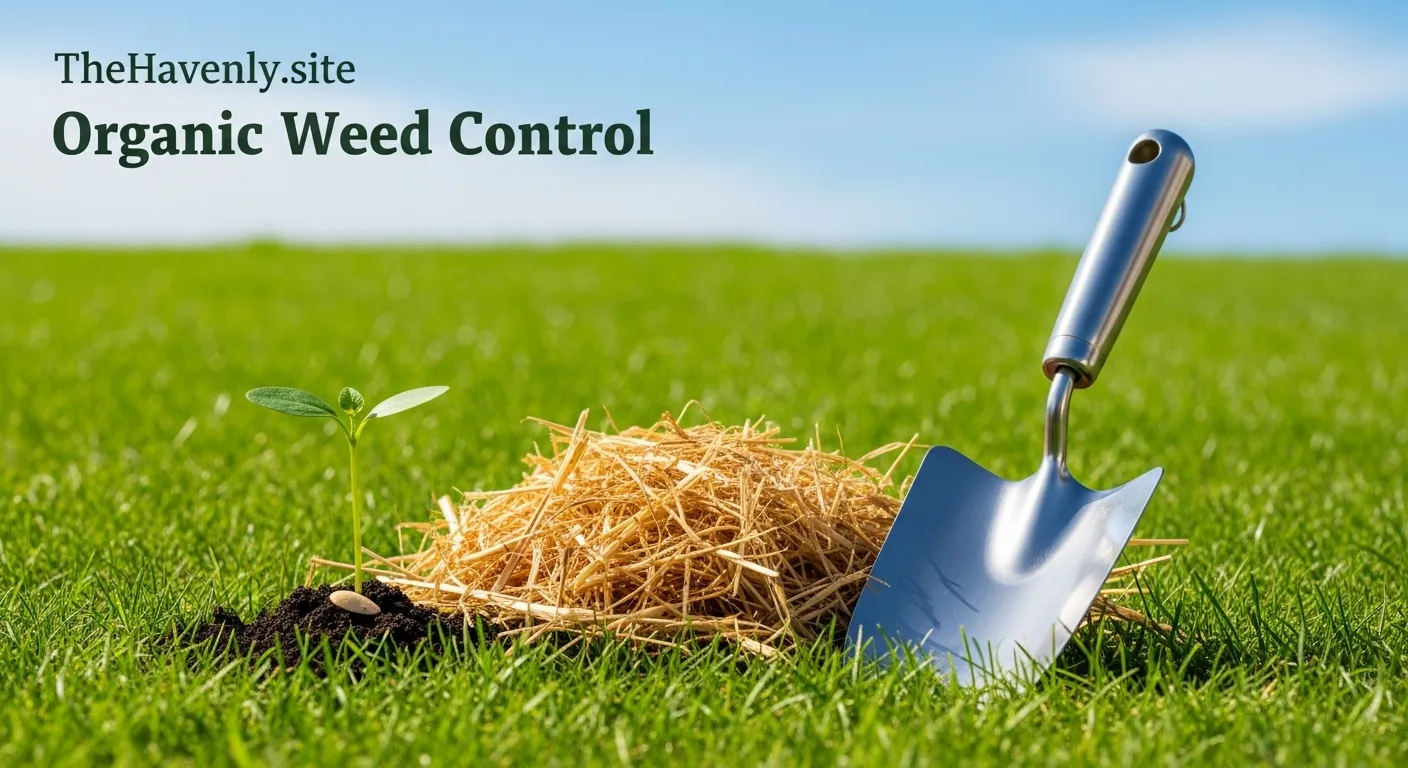 Vibrant green lawn with gardening tools and mulch