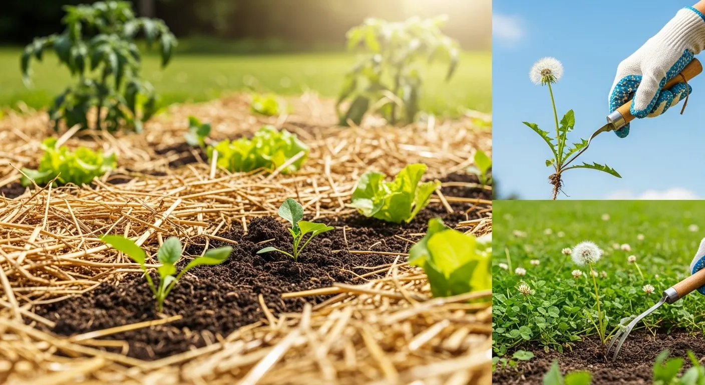Eye-catching thumbnail of organic garden with natural weed suppression techniques