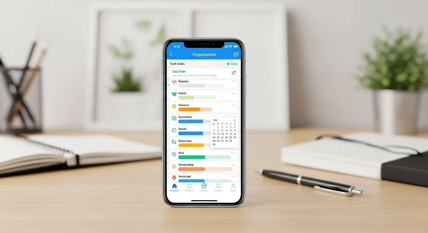 Smartphone displaying a colorful organization app on a clean desk