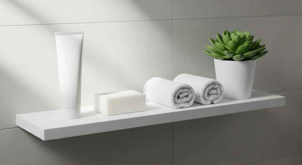 Minimalist bathroom shelf holding toothpaste, soap, and a few towels.