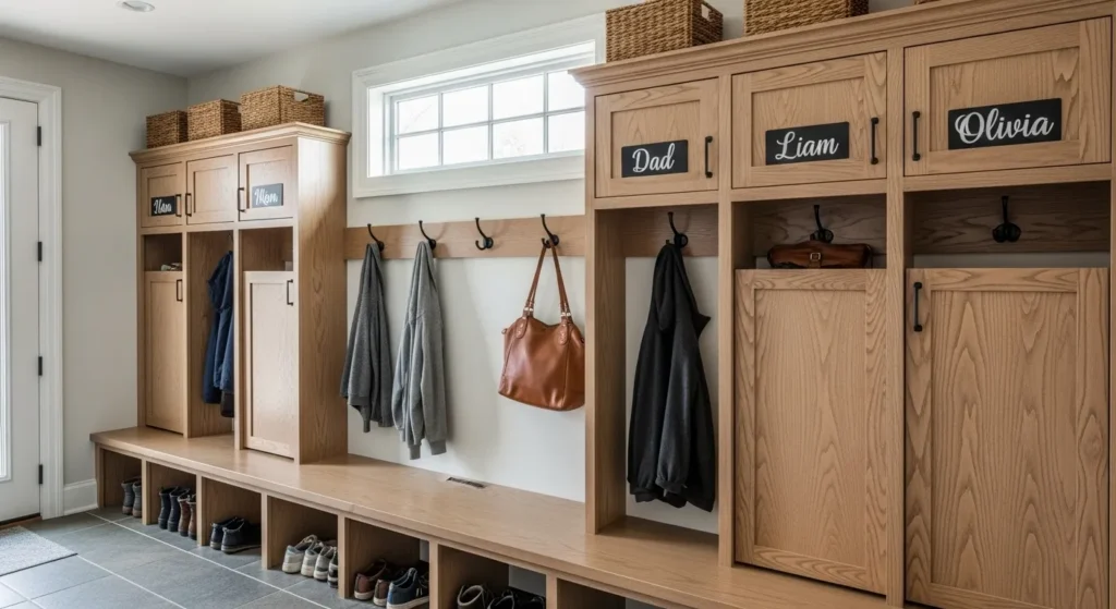 Organized mudroom with hooks, cubbies, and storage for each family member