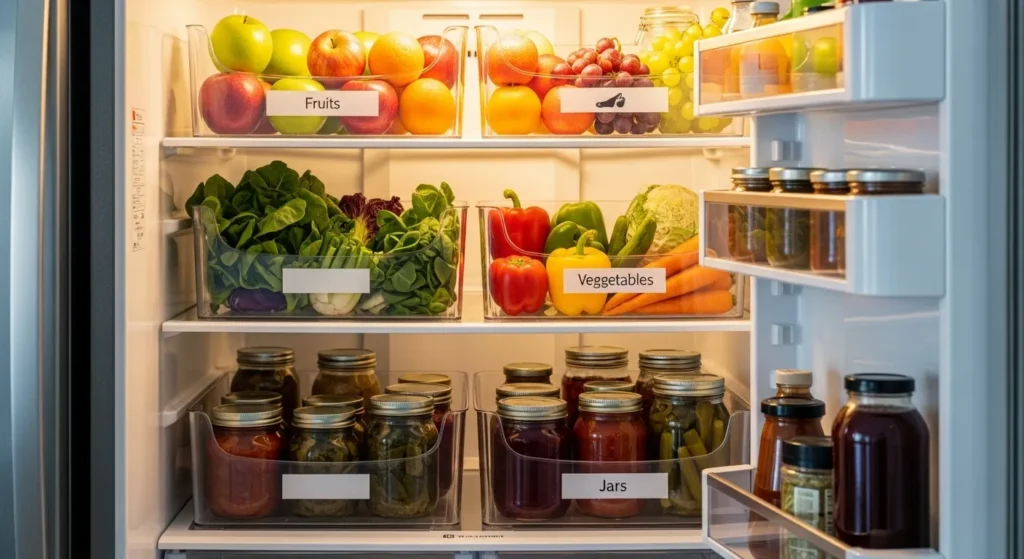 Fridge shelves with labeled clear bins.