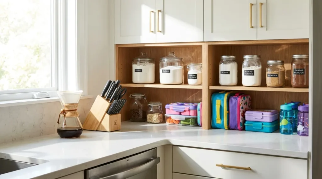 Organized kitchen counter with minimal appliances and grouped storage zones below for efficient meal prep
