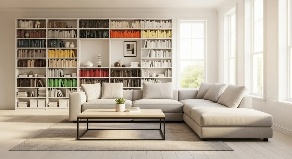 Clean, organized living room with minimal clutter and designated storage spaces