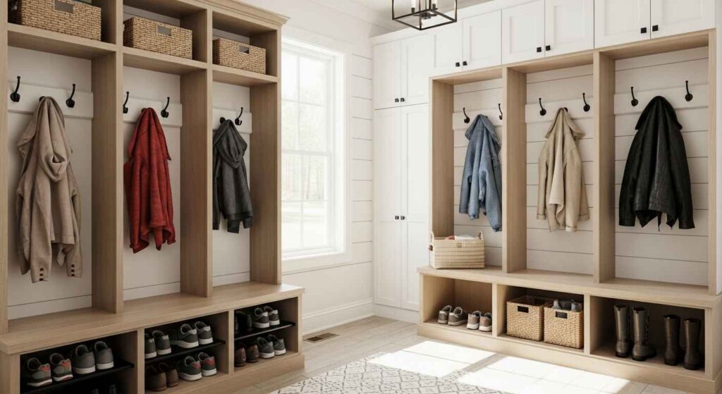 Organized mudroom with built-in storage cubbies and bench