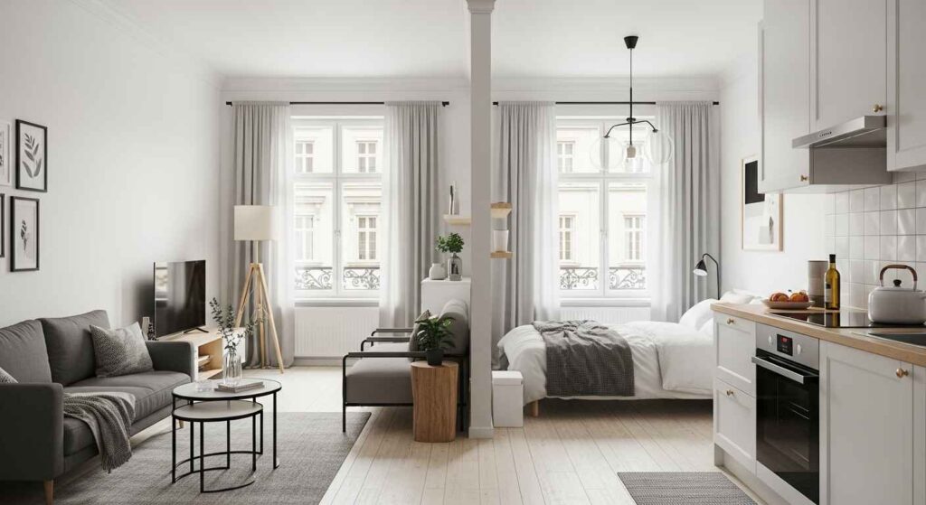 Well-organized studio apartment with distinct living zones