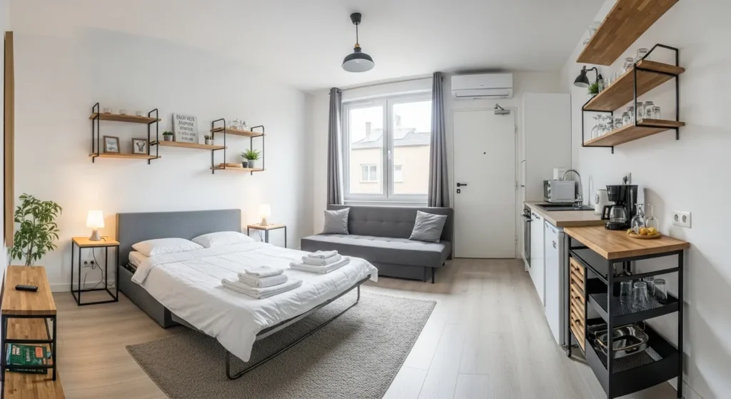 Full view of organized studio apartment